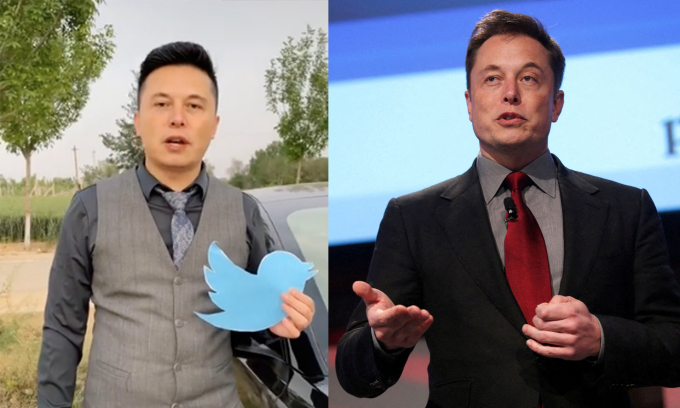 Elon Musk thật (phải) và bản sao tại Trung Quốc. Ảnh: Douyin/Reuters